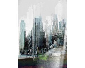 De skyline van een drukke stad, weergegeven in een abstract kunstwerk, perfect voor liefhebbers van moderne architectuur.