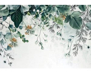 Fotobehang met een rustgevende botanische compositie van bladeren in zachte groentinten en natuurlijke vormen.