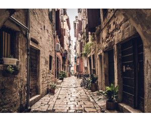 Een rustieke straat in Rovinj, Kroatië, sfeervol vastgelegd op dit fotobehang van een historische stad.