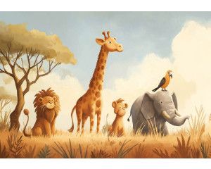 Fotobehang met safari dieren in de savanne, waaronder een leeuw, giraf, olifant, jong leeuwtje en een vogel.