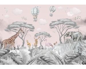 Fotobehang met schattige safari- en bosdieren zoals olifanten, giraffen en herten in zachte tinten.