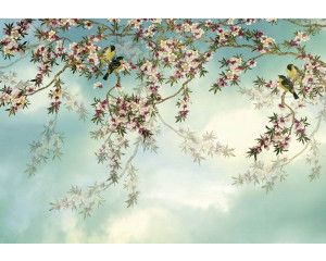 Sakura bloemen aan bomen, weergegeven in een abstract kunstwerk, creëren een serene en natuurlijke sfeer in dit fotobehang.