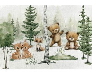 Fotobehang met tropische bladeren in groene tinten tegen een lichte achtergrond.