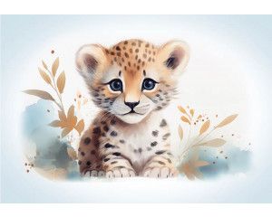 Fotobehang van een schattige kleine leeuw, een baby welp in een speelse omgeving.