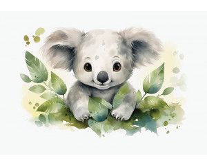 Fotobehang van een schattige koala, geschikt voor een kinderkamer met natuurelementen.
