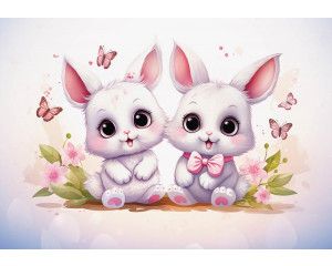Fotobehang van schattige konijntjes met vlinders, ideaal voor kinderkamers.