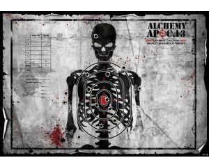 Fotobehang van een schietkaart met een skelet en alchemie thema, robuust en gedetailleerd.