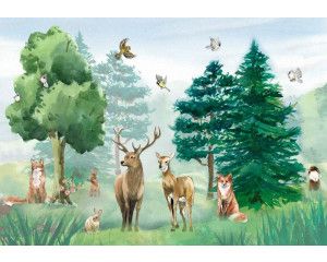 Fotobehang met een schilderachtige weergave van een bosdierenparadijs met herten, vossen en vogels in een natuurlijke omgeving. Een sfeervol ontwerp.