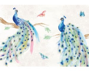 Fotobehang met schilderachtige pauwen in levendige kleuren en gedetailleerde veren. Een elegant en verfijnd ontwerp.