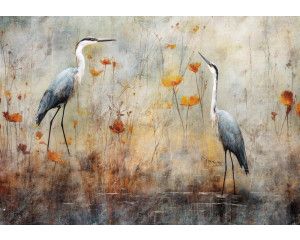Fotobehang van schilderachtige reigers bij een meer, met een kunstzinnige weergave van vogels.