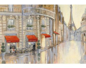 Fotobehang met schilderachtige straten van Parijs en de iconische Eiffeltoren op de achtergrond. Een romantisch ontwerp vol charme.