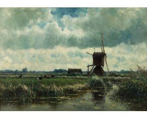 Fotobehang van een geschilderde molen met landschap, rustiek en traditioneel.