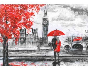 Fotobehang met een schilderij van Londen, met Big Ben en een abstracte kunststijl.