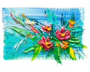 Abstract fotobehang met een schilderij van bloemen in verf en kunststijl.