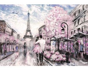 Fotobehang van een abstract schilderij van Parijs met de Eiffeltoren in kunststijl.