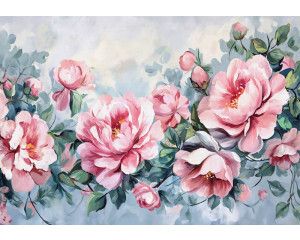 Fotobehang van een schilderij van pioenrozen, met een kunstzinnige bloemenweergave.