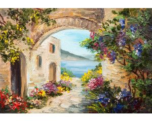 Fotobehang van een schilderij van een romantisch landschap in Italië, met een idyllische setting.