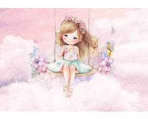 Schommelend meisje in de wolken, omringd door een dromerige lucht, afgebeeld op dit fotobehang.