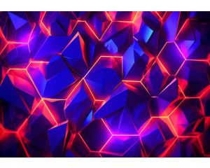 Fotobehang met een geometrisch kristalpatroon in neonkleuren zoals paars, blauw en rood met futuristische lichtlijnen.