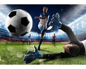 Fotobehang van een voetbal die het doel bereikt in een groot stadion, met alle ogen gericht op het beslissende moment van de wedstrijd.