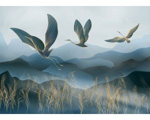 Een fotobehang met sierlijke gouden kraanvogels, waarin elegante vogels met verfijnde gouden accenten zweven tegen een diepe achtergrond voor een luxueus effect.