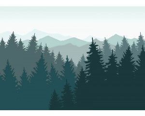 Fotobehang Silhouet van Dennenbomen en Bergen