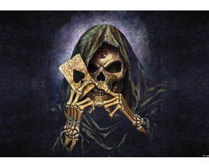 Fotobehang met een schedel en een aas, gedurfd en iconisch.