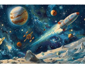 Fotobehang van een space adventure met ruimtevaart, planeten en sterren, perfect voor kinderen die van de ruimte houden.