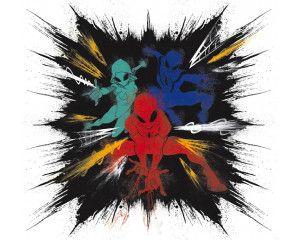 Spiderman kleur explosie fotobehang met grafische elementen en levendige kleuren.