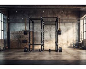 Fotobehang van een sportschool power zone met halters en gewichten, perfect voor fitnesskamers.