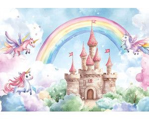 Fotobehang sprookjeskasteel in een magisch unicorn paradijs met een regenboog, vliegende unicorns en zachte aquarelkleuren.