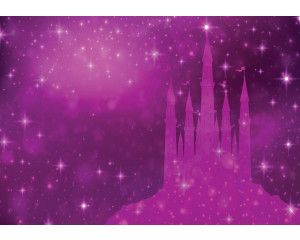 Fotobehang van een sprookjeskasteel met een prinses en sterren.