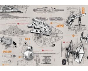 Blauwdrukken van iconische Star Wars voertuigen op een fotobehang, ideaal voor een sci-fi thema.