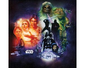 Star Wars classic poster collage, met alle iconische figuren van de saga, ideaal voor fans.