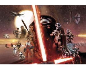 Fotobehang van de helden uit Star Wars Episode VII in een collage, ontworpen voor een stoere kamer.