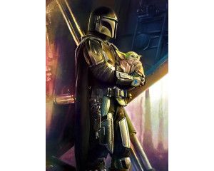 The Mandalorian Savior fotobehang toont de Mandalorian die Grogu redt, met een dramatische hemel vol sterren op de achtergrond.