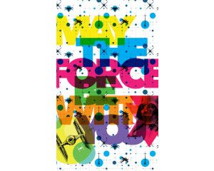 Neon geometrisch portret van Darth Vader, met heldere kleuren en abstracte vormen, op een opvallend Star Wars fotobehang.