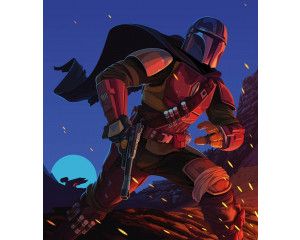 Mandalorian Ambush fotobehang toont de Mandalorian die in een hinderlaag valt, met explosies en Stormtroopers in het zicht.