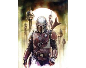 The Mandalorian Impaler fotobehang, met een actievolle scène van de Mandalorian die zich een weg baant door vijandige troepen.