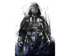 Waterverf portret van Darth Vader, abstract geschilderd met donkere en blauwe tinten, met de iconische helm centraal.