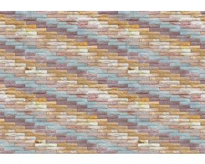 Fotobehang met een steenmotief van gekleurde bakstenen in een muur, industrieel en stijlvol.