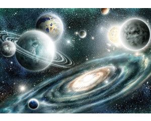 Planeten en sterren in de kosmos, met een weergave van de ruimte die tot leven komt op dit fotobehang.