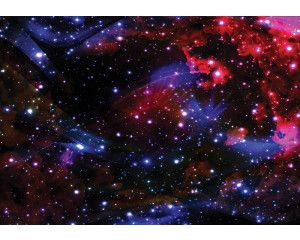 Fotobehang met sterren die schitteren in de donkere uitgestrektheid van de ruimte, omringd door planeten en kosmische elementen.