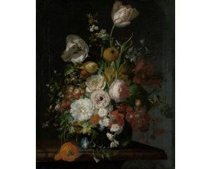 Fotobehang van een stilleven met bloemen in een glazen vaas, Rachel Ruysch, Rijksmuseum.