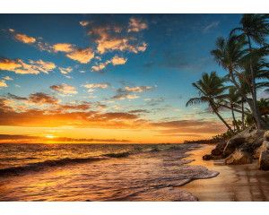 Fotobehang van een paradijselijk strand met palmbomen en een zonsondergang boven de zee, waar de lucht in warme tinten gloeit.