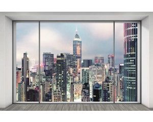 Een moderne skyline van een stad, weergegeven in een abstract fotobehang, perfect voor een stedelijk thema.