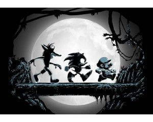 Een fotobehang met Super Mario, Sonic en Crash Bandicoot, waarbij de iconische gamehelden silhouetten vormen terwijl ze bij volle maan over een boomstam lopen in een mysterieuze setting.