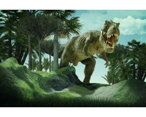 Tyrannosaurus Rex en andere dinosaurussen zijn te zien in dit indrukwekkende fotobehang dat de prehistorie weergeeft.