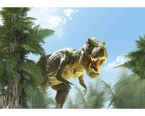 Een imposante T-Rex dinosaurus afgebeeld op dit fotobehang, waarbij de kracht en grootheid van de prehistorie worden weergegeven.