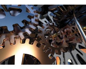 Fotobehang van tandwielen in 3D, met een industriële uitstraling.